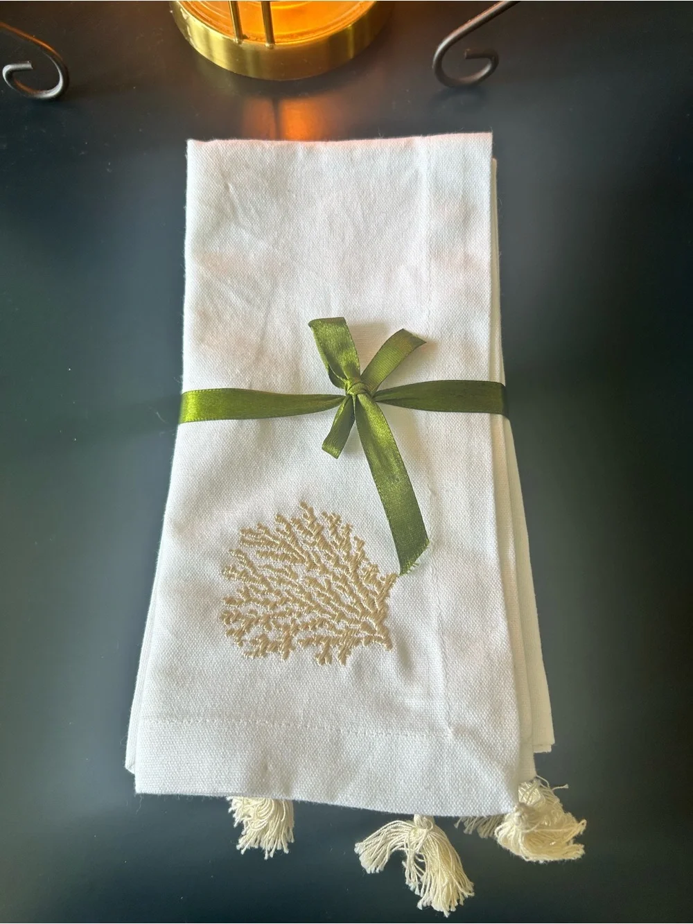 Set of 4 Embroidered Gold Coastal Beach Napkins With Tassels